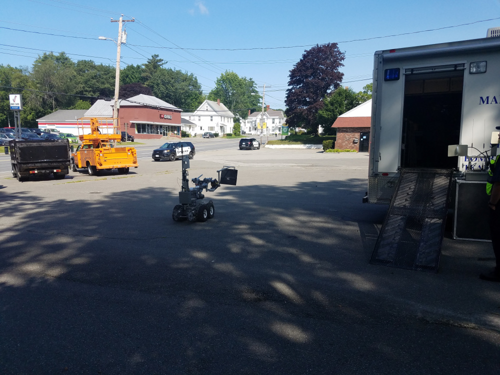 A State Police bomb squad robot was sent to investigate a suspicious package in Skowhegan Wednesday. The package turned out not to be a bomb.