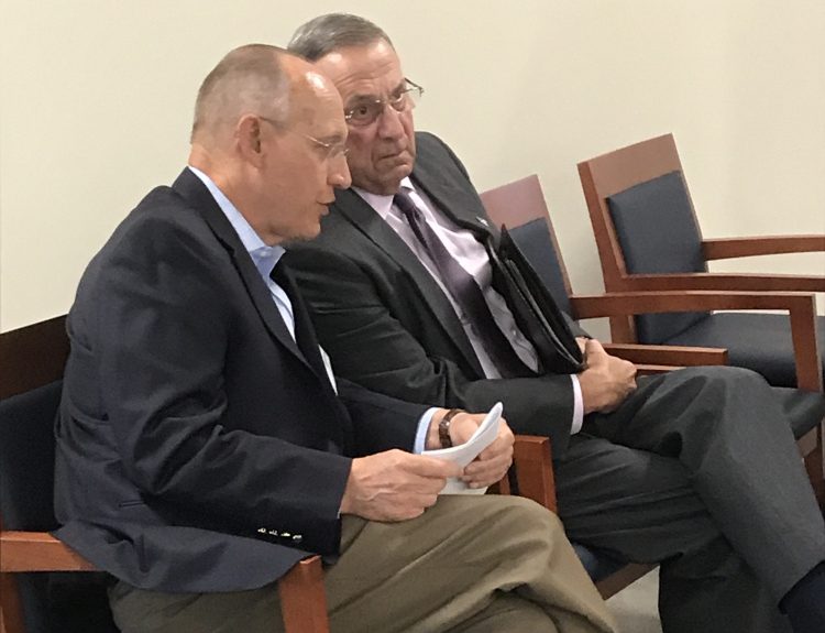 Peter Vigue, left, chief executive officer of Cianbro, speaks Thursday with Gov. Paul LePage at the company's new workforce development facility in Pittsfield.