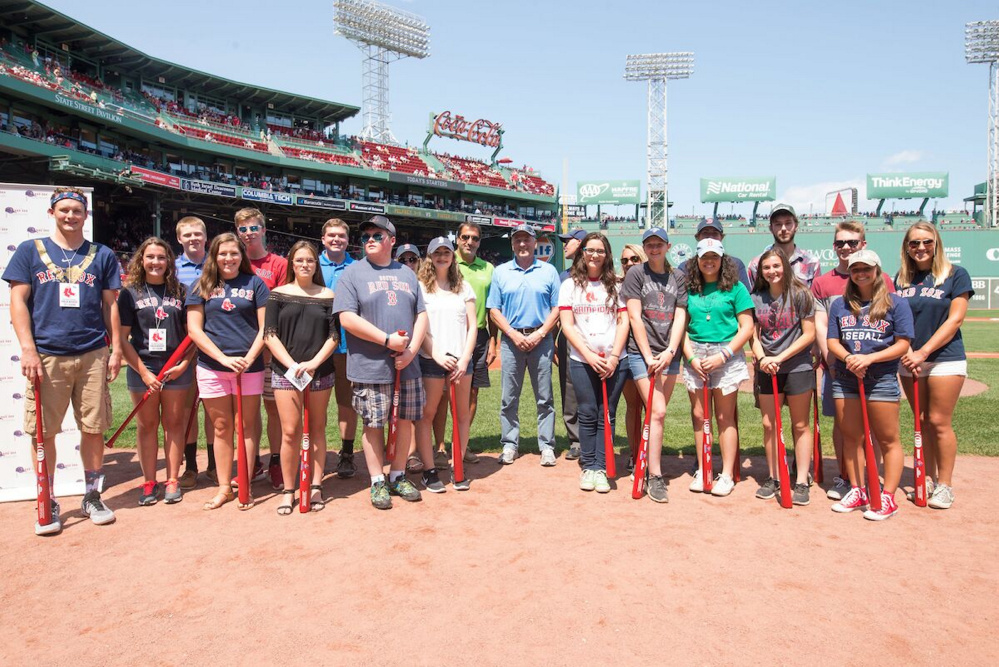 Maine Red Sox Scholars at Fenway Park in Boston, from, from left, are Issiac Christiansen, Kelsey Courtois, Marielle Shaw, Julia-Nicole Perry, Dylan Owens, Sydney McDonald, Emily Harriman, Krista Dearborn, Tiffani Ortiz, Aubra Linn and Taylor Sargent. Second row, from left, are Luke Mitchell, Cameron Morin, Dylan Johnston, Shelby Cronkhite, Sam Burgio, executive vice president at Jenzabar, a presenting sponsor of the New England Service Scholarship Program; Gov. Paul LePage, Jay Darling, of Darling's Bangor Ford; Zoe Zwecker,  McKenna Brodeur, Tucker Barber, Cameron Loeschner and Amanda Alberda. Missing from photo are Matthew Harris, Rosemary Nguyen and Amber Hagin.