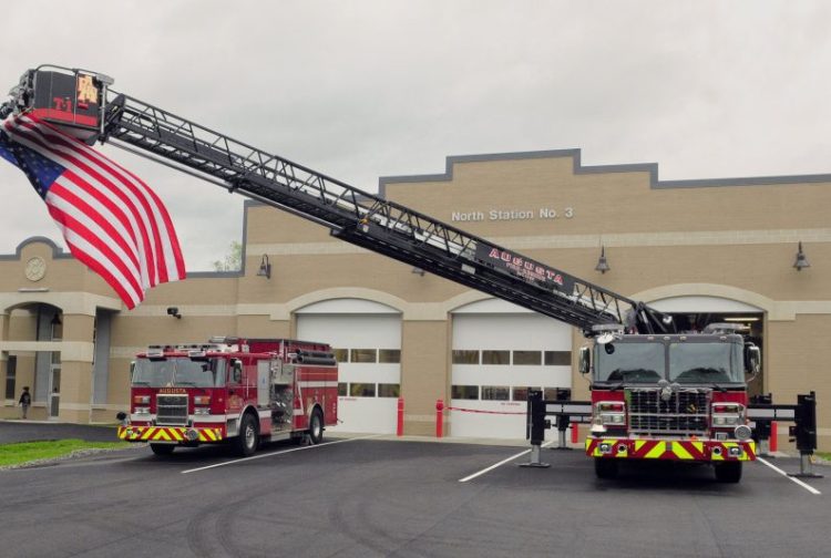 This file photo shows the Augusta Fire Department's new truck, Tower 1, parked May 25 at the new North Station #3 in Augusta. The truck has been sent back to Connecticut for repairs.