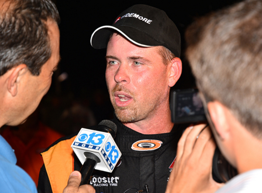 Wayne Helliwell Jr. is interviewed in Victory Lane following his win in the Oxford 250 last August at Oxford Plains Speedway.