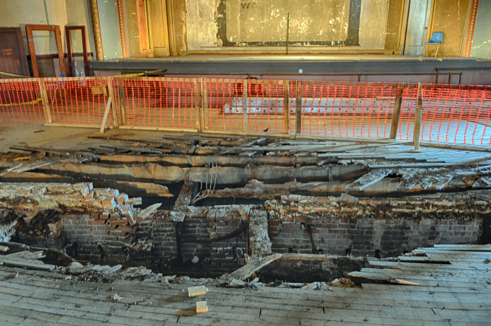 This photo taken on Feb. 10 shows the hole in the floor at the Colonial Theatre in Augusta that will be fixed using money donated by Kennebec Savings Bank.