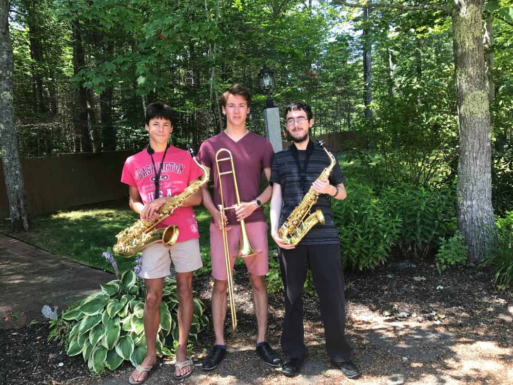 The jazz trio of Jarrett Gulden on tenor sax, Camden Gulden on trombone, and Alex Enders on sax, hosted by Ingram Art and Antiques.