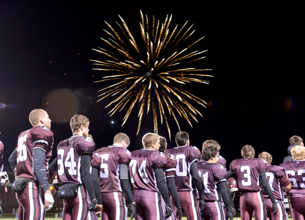 Fireworks go off in the sky over Alumni Field in Pittsfield prior to the Class D North title game between Maine Central Institute and Mattanawcook last season.