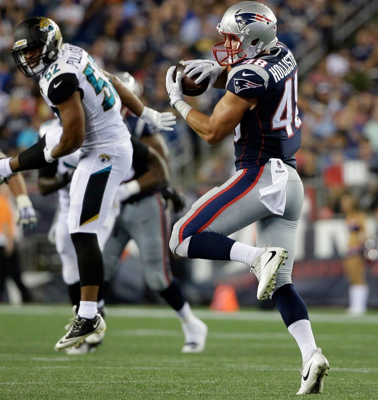 Tight end Jacob Hollister – a rookie whose twin brother is also seeking a spot with the Patriots – caught seven passes for 116 yards in the preseason opener Thursday night.