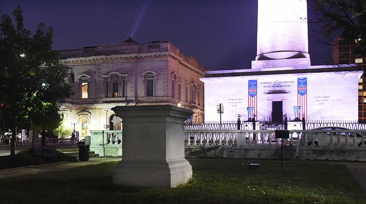 The empty pedestal of the former U.S. Supreme Court Justice Roger B. Taney before dawn on Wednesday.