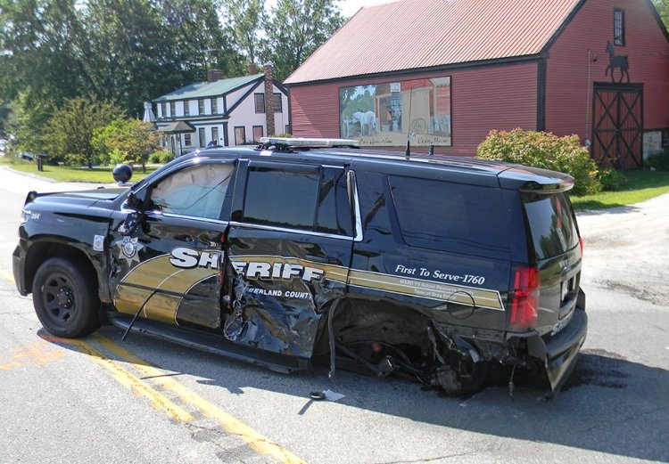 Cruiser after collision with an car on Route 302 Thursday morning.