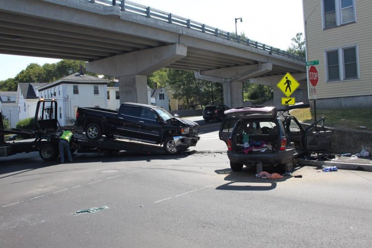 A two-car crash in Bath sent three to the hospital Aug. 1 and forced a road closure. Staff photo by Chris Chase