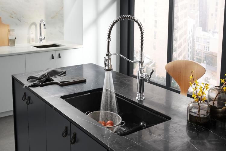 The Tournant faucet by Kohler combines traditional design with modern industrial elements.