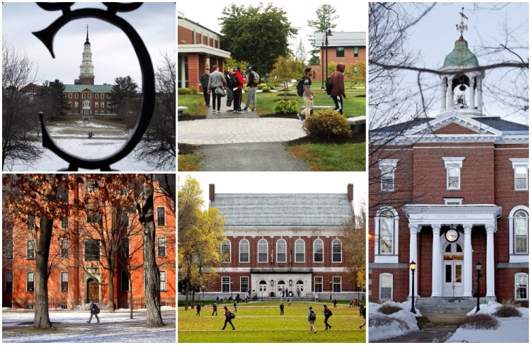Scenes from (clockwise from top left) Colby College, Thomas College, Bates College, The University of Maine in Orono and Bowdoin College.
