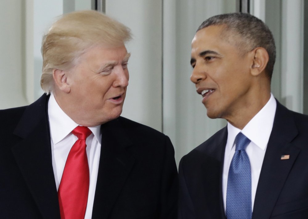 President Obama talks with President-elect Trump on Jan. 20. Before he left office in January, Obama offered his successor accolades and advice in a private letter.