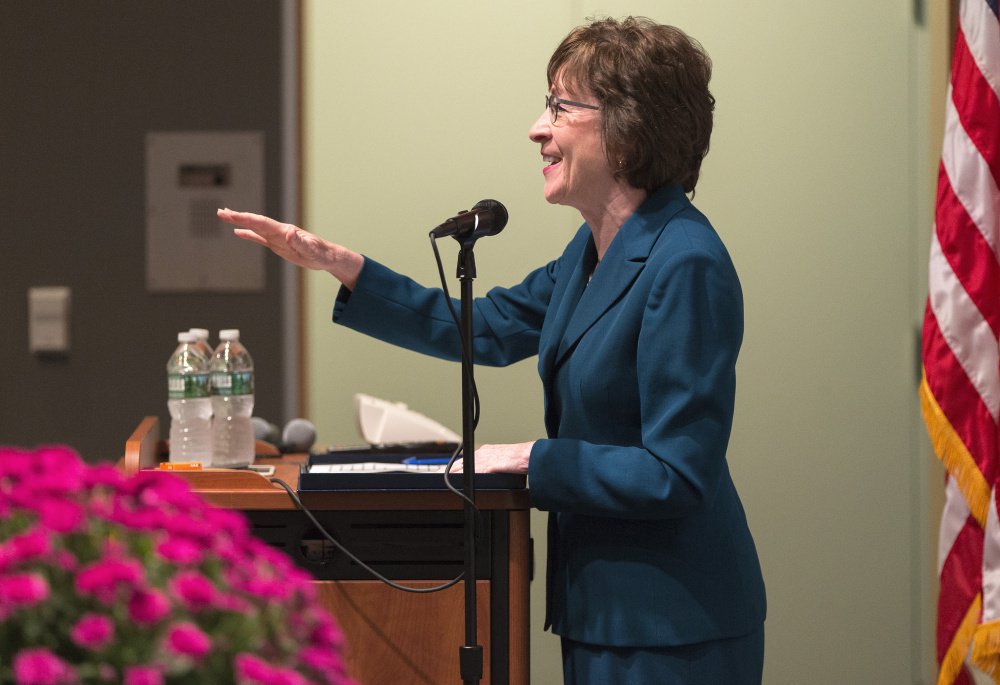 U.S. Sen. Susan Collins speaks during an event at York County Community College on Friday. Collins said she would decide within a month whether to run for governor, affirmed her belief that global climate change is scientifically proven, and reiterated that something must be done to curb the heroin crisis in Maine.
