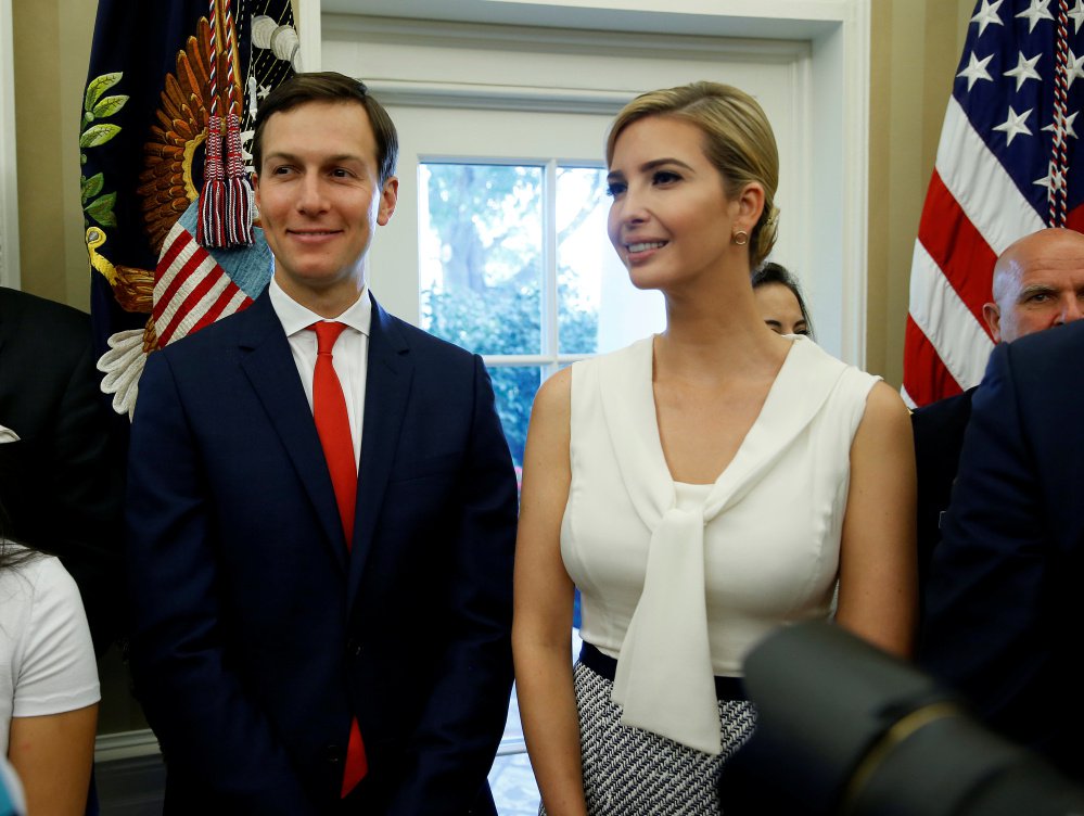 Jared Kushner and Ivanka Trump appear together at the White House last summer. Kushner has sold off his stake in a troubled office tower in New York City owned by his family, but his position in the Trump administration is making it difficult for Kushner Cos. to obtain the financing needed to keep it afloat.
Reuters/Joshua Roberts
