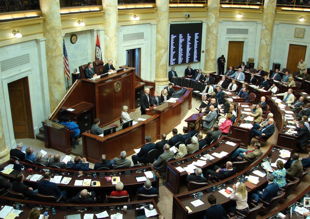 Arkansas Gov. Asa Hutchinson speaks to a joint session of the Arkansas Legislature as it wraps up work in its regular session in Little Rock, Ark. After celebrating the 50-year anniversary of the Freedom of Information Act last February, they spent the following weeks debating and, in many cases approving, new exemptions to the law. (Associated Press/Kelly P. Kissel)