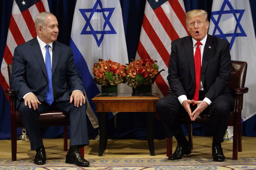 President Trump speaks during a meeting with Israeli Prime Minister Benjamin Netanyahu at the Palace Hotel during the United Nations General Assembly on Monday in New York.
