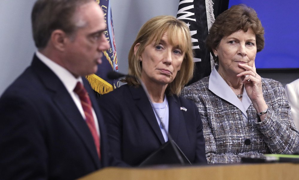 U.S. Sen. Jeanne Shaheen, D-N.H., right, and U.S. Sen. Maggie Hassan, D-N.H., center, listen to Secretary of Veterans Affairs David J. Shulkin during a visit to the Veterans Administration Medical Center in, Manchester, N.H., in August. Some doctors at the center have alleged substandard care at New Hampshire's only hospital for veterans.