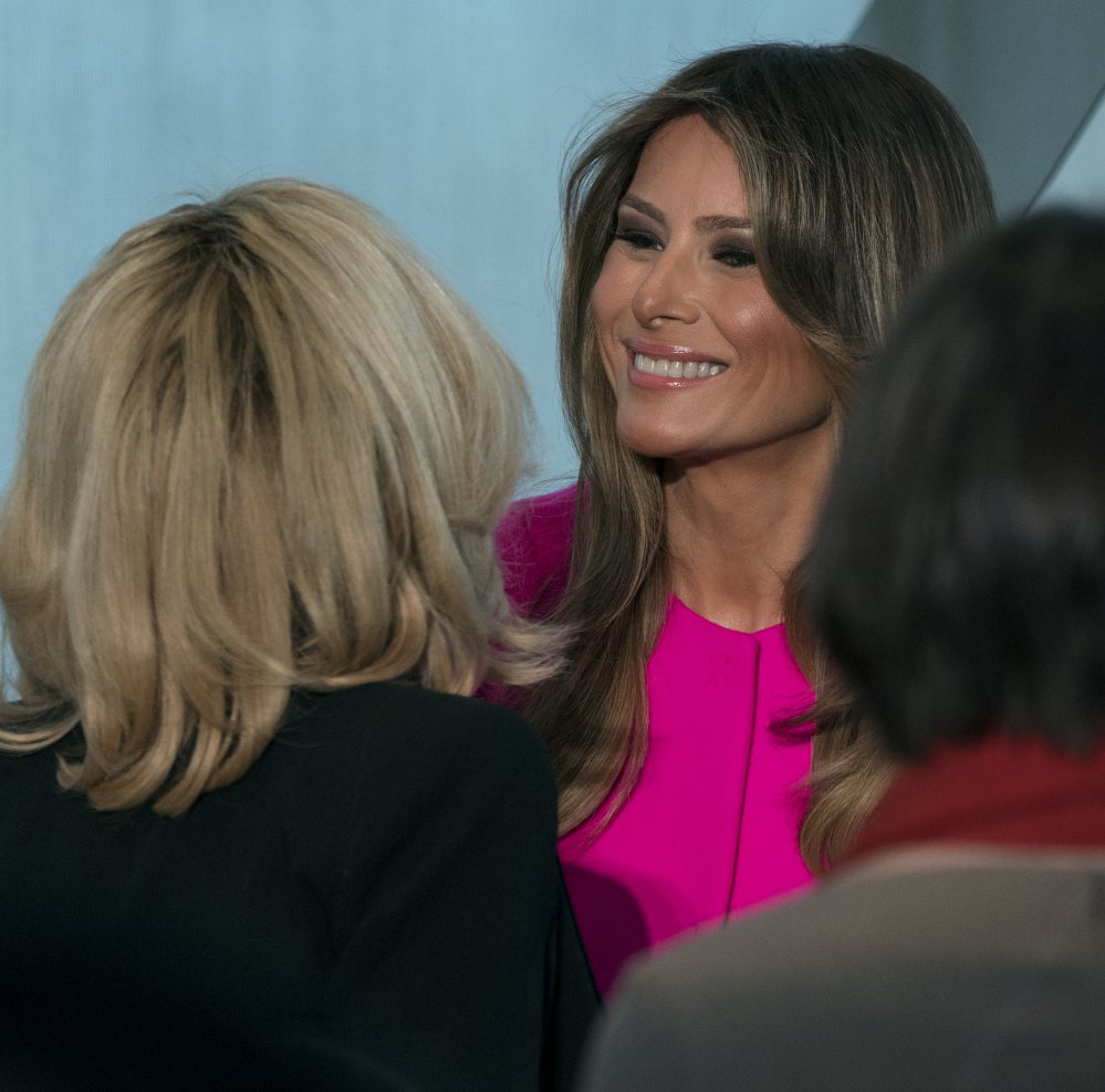 U.S. first lady Melania Trump mingles after addressing a luncheon  Wednesday at the U.S. Mission to the United Nations.