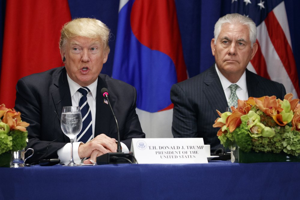 Secretary of State Rex Tillerson sits at right as President Trump speaks at a luncheon with South Korean President Moon Jae-in and Japanese Prime Minister Shinzo Abe, at the Palace Hotel during the United Nations General Assembly on Thursday in New York.