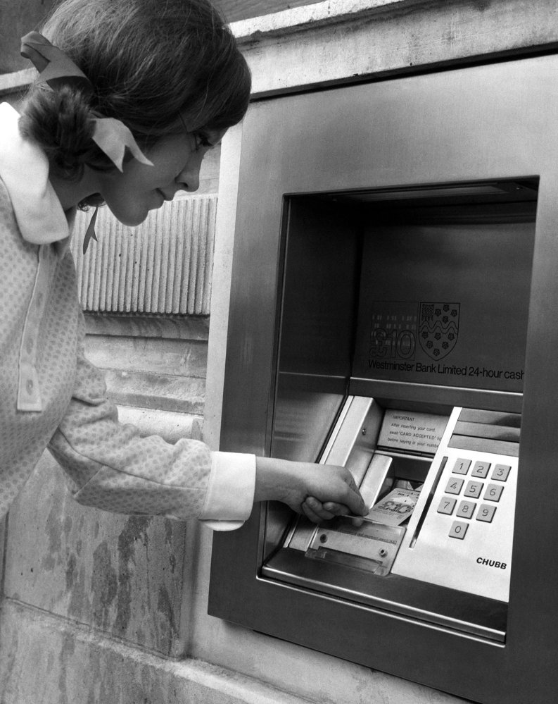 In 1968, bank customers in London had to insert computer punch cards into the slot of an ATM to get cash.