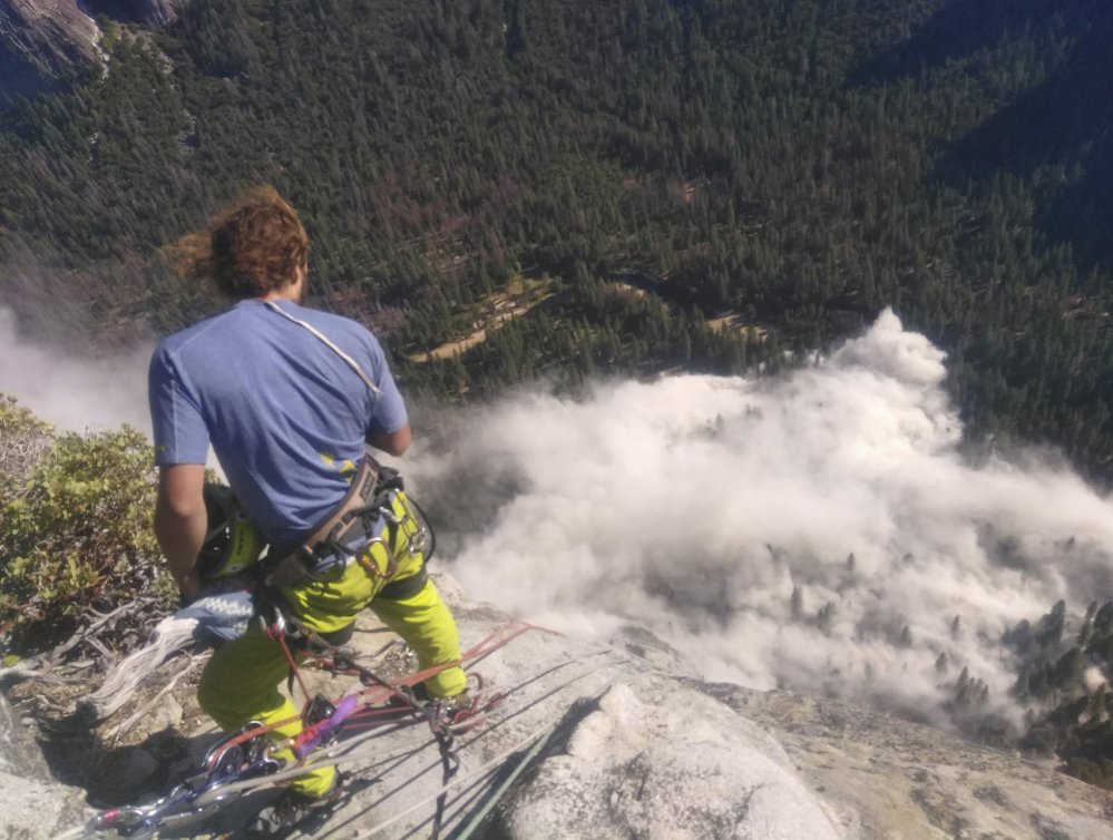 Climber Ryan Sheridan had just reached the top of Yosemite National Park's El Capitan,  a 7,569-foot formation, when a rock slide let loose below him Thursday.