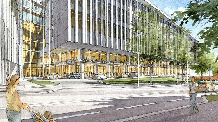 This rendering shows the proposed $512 million renovation and expansion project for Maine Medical Center in Portland. The expansion would add single-patient rooms, operating rooms and a new entranceway facing Congress Street.