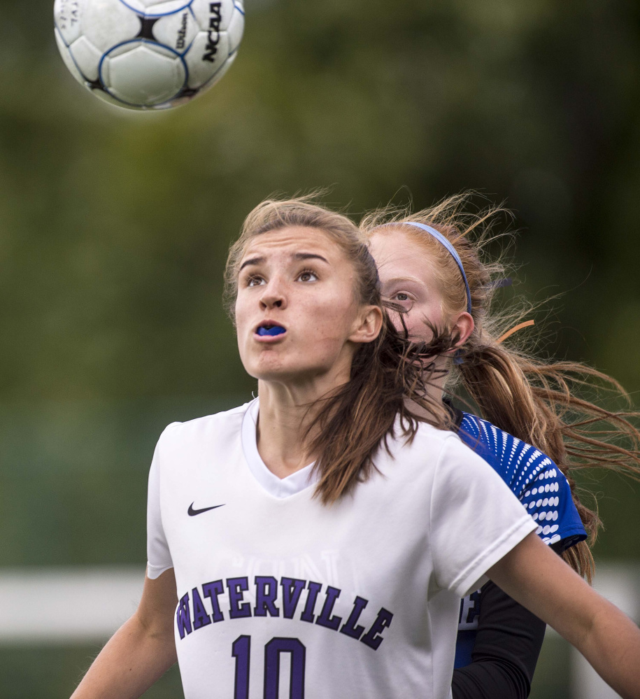 Waterville's Sadie Garling (10) gets ready to head the ball in a Class B North game against Erskine on Friday at Webber Field in Waterville.