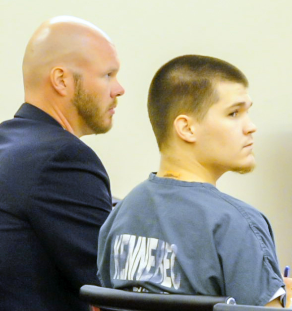 Attorney Scott Hess, left, and Derrick Dupont listen during a bail hearing Tuesday at the Capital Judicial Center in Augusta.