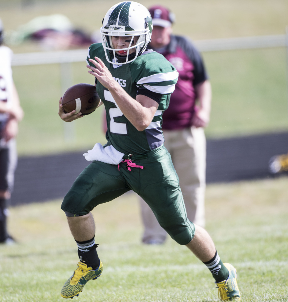 Mount View High School's Rayno Boivin (2) runs for a touchdown against Ellsworth at Mount View High School in Thorndike on Saturday.