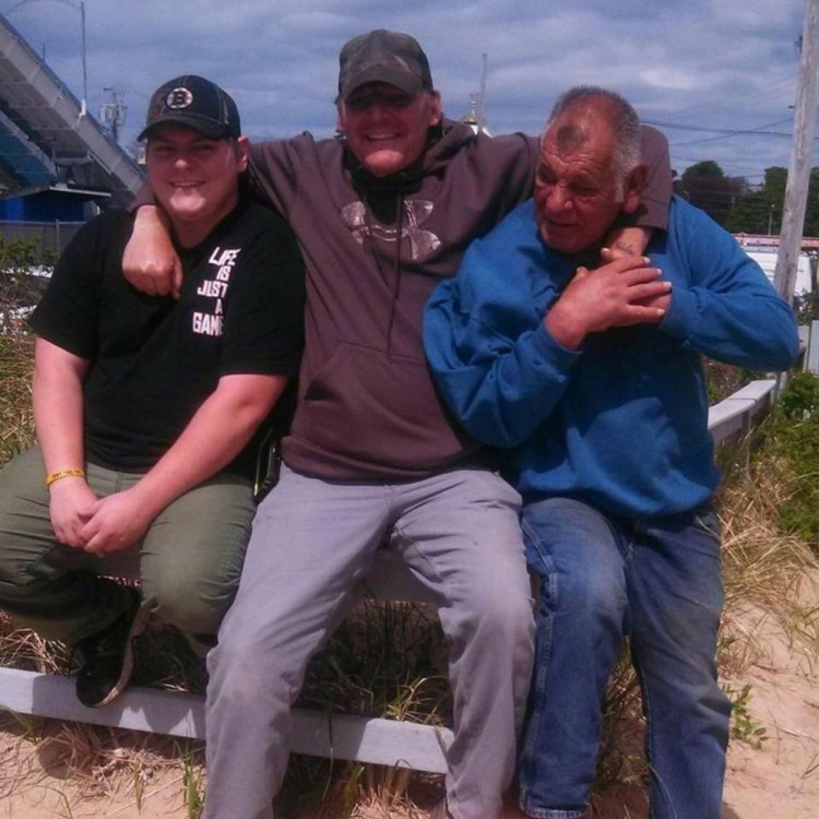Aaron White-Sevigny, far left, with his father, Roy Sevigny, and grandfather, Carl Sevigny. White-Sevigny, 25, of Windsor was one of two men who died Sunday while participating in a charitable motorcycle ride, following a large crash on Interstate 95 that involved a truck.