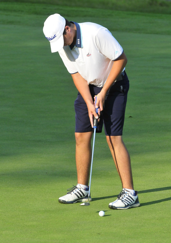 Messalonskee senior Blake Marden focuses on a shot during a Kennebec Valley Athletic Conference match against Cony on Monday at Belgrade Lakes Golf Course.