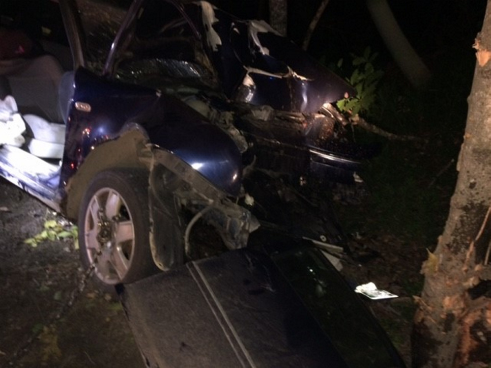 A 17-year-old girl from Bingham who was driving a 2004 Volkswagen Jetta, the front end of which is seen here, was flown by helicopter to a Bangor hospital with serious but not life-threatening injuries after the car struck a tree on Stream Road in Moscow.