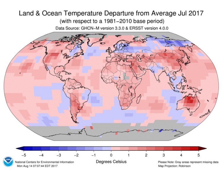 Temperature changes around the world are being recorded by the National Oceanic and Atmospheric Administration.