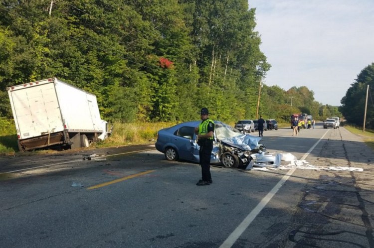 A box truck, swerving Tuesday morning to avoid a pedestrian on Waterville Road in Skowhegan, hit the man and then a sedan traveling in the opposite direction.