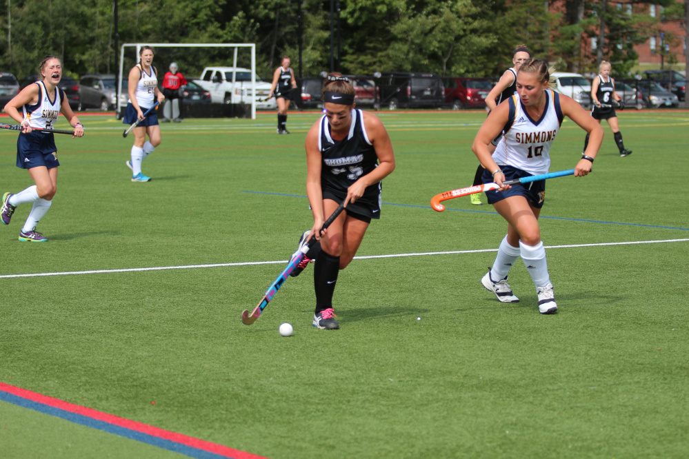 Senior forward and Gardiner graduate Abigail Dunn moves the ball down the field for the Thomas field hockey team during a game against Simmons back on Sept. 3.