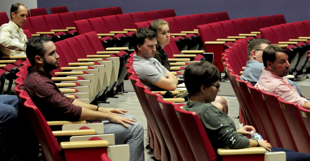 Students and staff at Thomas College listen to speakers during the Maine Cyber Safety Summit in Waterville on Wednesday.