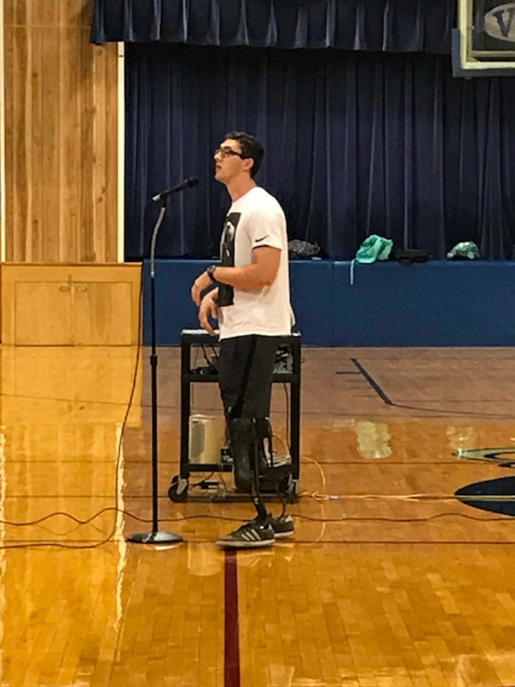 Nick Rogers speaks with students at Valley High School recently in Bingham. Rogers is a paralympian, who has competed in the Paralympics last year in Rio and in the World Championships this past summer in London.