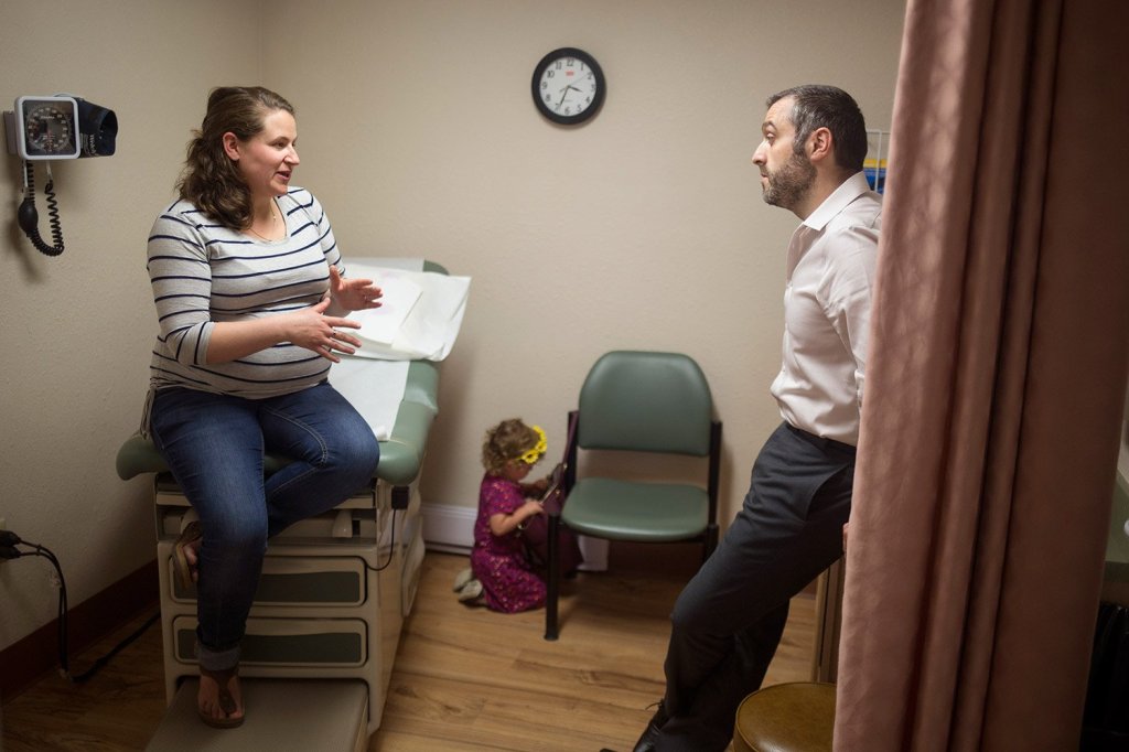 Celia Geel and Dr. Hatem Hatem talk about the plan for the last few months of her pregnancy at her last appointment at Calais Regional Hospital. Geel, who is due in October, was planning on delivering her baby at CRH, but instead have to go to Bangor. 