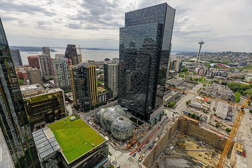 Amazon's headquarters in Seattle. The company estimates that investments in Seattle between 2010 and 2016 added $38 billion to the city's economy.
