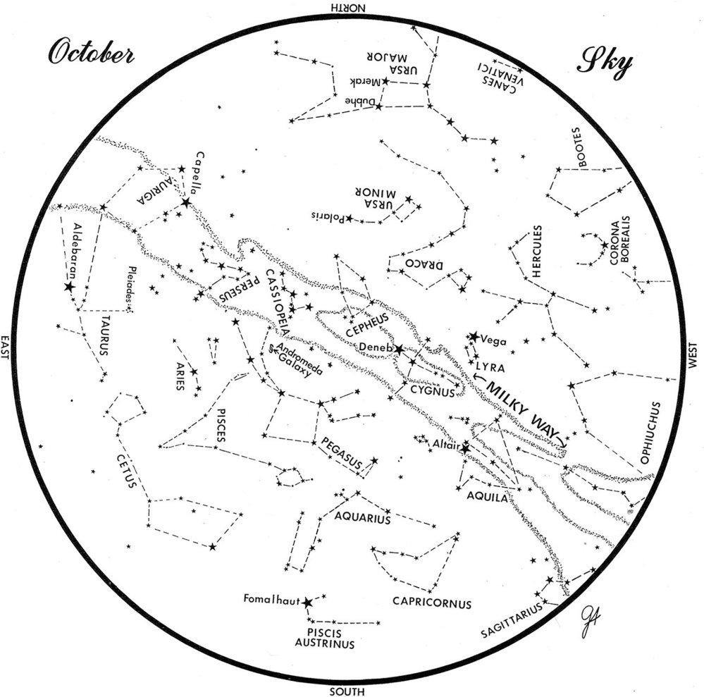 SKY GUIDE: This chart represents the sky as it appears over Maine in October. The stars are shown as they appear at 10:30 p.m. early in the month, at 9:30 p.m. at midmonth and at 8:30 p.m. at month's end. No planets are visible at midmonth. To use the map, hold it vertically and turn it so the direction you are facing is at the bottom.