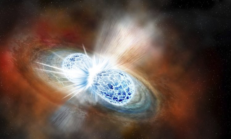 This illustration depicts the collision of two neutron stars detected on Aug. 17, 2017. The explosion threw matter, light, radiation and gravitational waves into space. The discovery was reported Monday.
