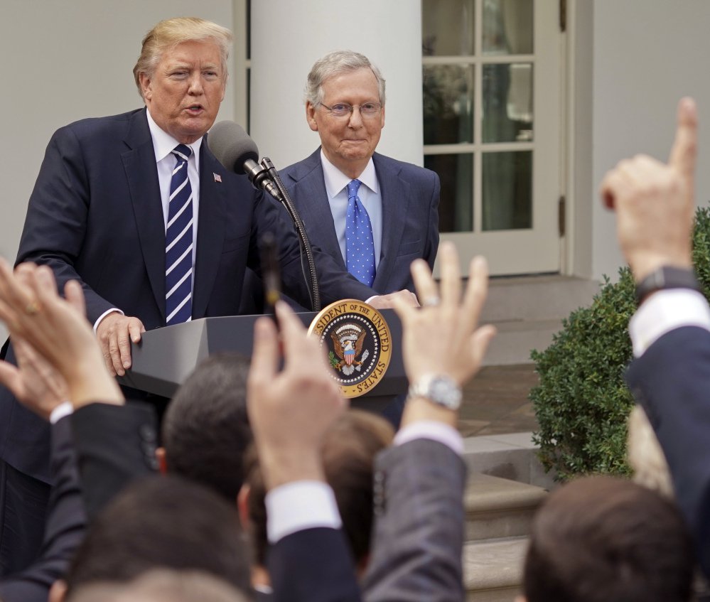 President Trump and Senate Majority Leader Mitch McConnell held a news conference at the White House Monday after Steve Bannon said he planned to target incumbent senators.