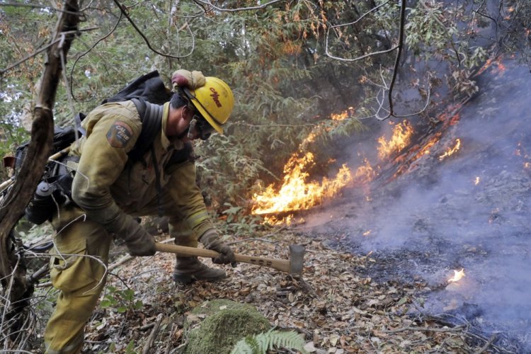 A firefighter builds a containment line as he battles a wildfire Tuesday near Boulder Creek, Calif.