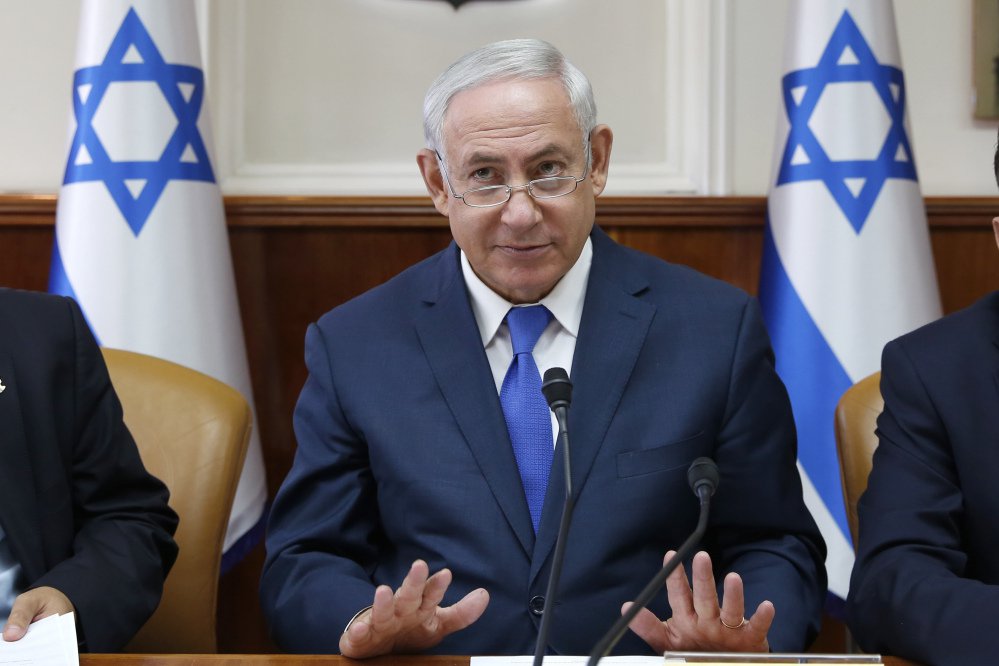 Israeli Prime Minister Benjamin Netanyahu attends the weekly cabinet meeting at his office in Jerusalem, Sunday, Oct. 15, 2017. (Abir Sultan/Pool Photo via AP)