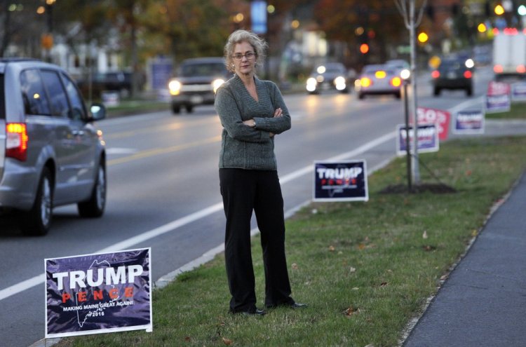 Elizabeth Stothart was fined $250 for taking Donald Trump campaign signs from the Route 1 median in Falmouth last fall. Shown here a year ago, she wrote at the time she had "momentarily snapped" in the heat of the election campaign and her anger over reports of Trump's treatment of women.