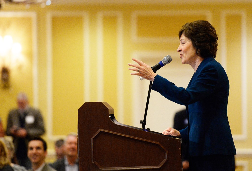 Sen. Susan Collins speaks Friday morning at the Penobscot Bay Regional Chamber of Commerce event where she announced she will not run for governor.