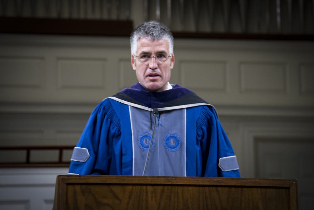 Alec MacGillis, Lovejoy Award Recipient 2017 addresses students and faculty at the 65th Elijah Parish Lovejoy Convocation on the campus of Colby College on Monday evening. MacGillis, a 2008 Pulitzer Prize journalist spoke about the current state of journalism and politics.