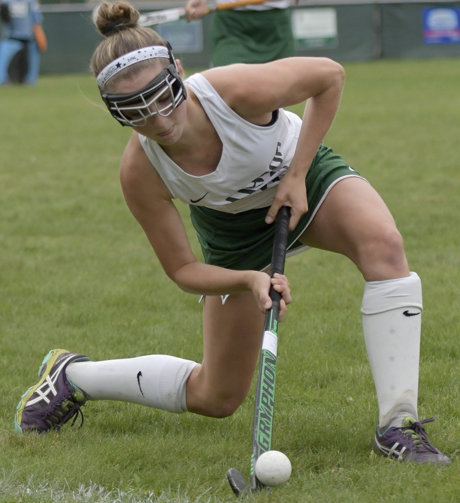 Winthrop midfielder Katie Perkins fires a shot on the Lisbon cage during a game earlier this season.