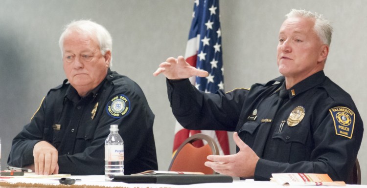 The Portland Fire Department's Deputy Chief Terry Walsh, left, and Falmouth police Lt. John Kilbride were on a panel for a Maine Municipal Association convention discussion on opioids Wednesday at Augusta Civic Center.