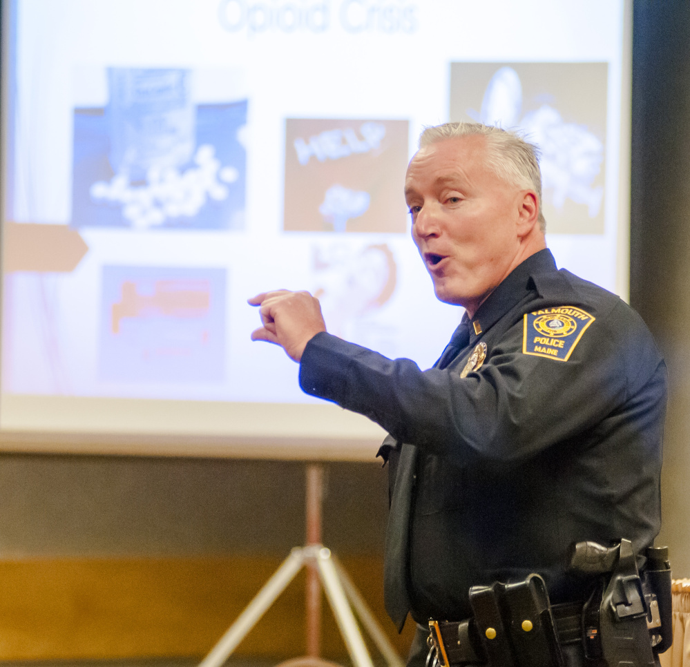 Falmouth police Lt. John Kilbride speaks during a Maine Municipal Association convention panel discussion on opioids Wednesday at the Augusta Civic Center.