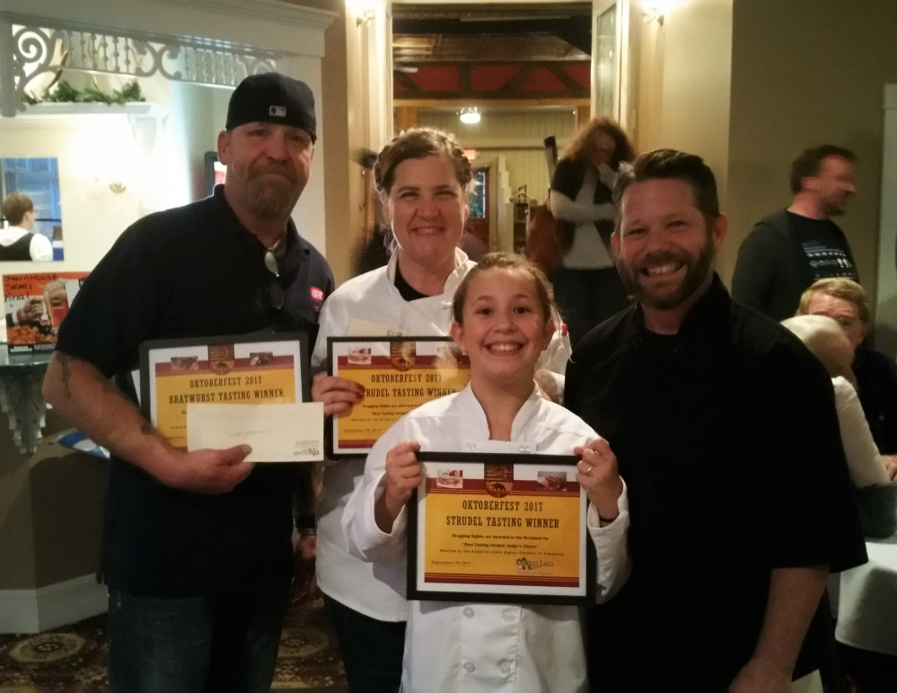 The winners of the annual Rangeley Oktoberfest Brat & Strudel Contest, in back, from left, are Buzzy Jensen, Ana Wetherill, Michael Flewelling; in front is Averie Flewelling.